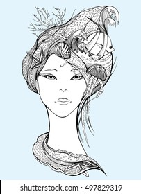 Stylized portrait of a girl. The head of a girl with marine life. Abstract. Hairstyle with fish, shells, corals. Line art. Drawing by hand. Doodle. Tattoo.