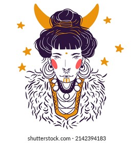 Stylized portrait of a girl with a moon in her hair. Colored flat vector illustration isolated on white background