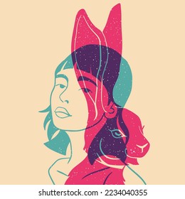 A stylized portrait of a girl with rabbit. Perfect for logo, poster, avatar, t-shirt design.  Colorful cute screen printing effect. Riso print effect. 