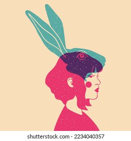 A stylized portrait of a girl with rabbit. Perfect for logo, poster, avatar, t-shirt design.  Colorful cute screen printing effect. Riso print effect. 