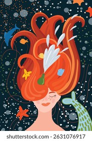A stylized portrait of a girl with red hair, who is in the depths of the sea among sea creatures