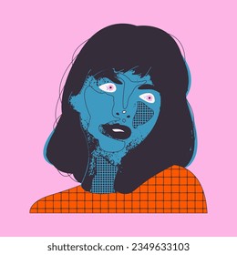 Stylized portrait of a girl who is experiencing strong emotions. Fear, anxiety, sadness, despair, fright, depression. Mental distress. Panic attack. Vector illustration, print, postcard, design