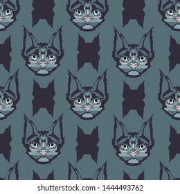 Stylized portrait, the head of a cat. Vector illustration. Print for textiles. For use in the interior. Seamless patterns