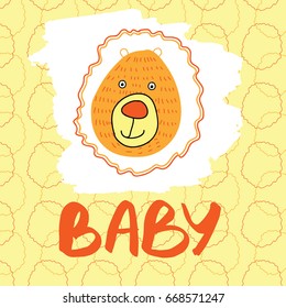 Stylized portrait of a lion, inscription: baby, ink stain