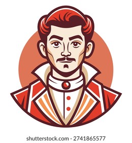 Stylized portrait of a man with slicked-back red hair and a high collar