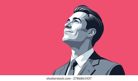 Stylized portrait of a man in a suit looking upwards with a determined expression, against a vibrant pink background. Conceptual art.