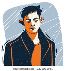 Retrato estilizado de un hombre. Ilustración vectorial en estilo plano con textura granulada. Afiche, avatar, logotipo, impreso para ropa