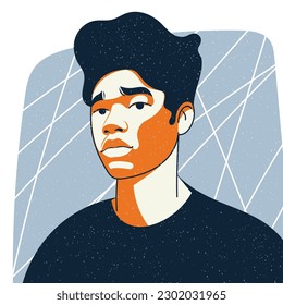 Retrato estilizado de un hombre. Ilustración vectorial en estilo plano con textura granulada. Afiche, avatar, logotipo, impreso para ropa