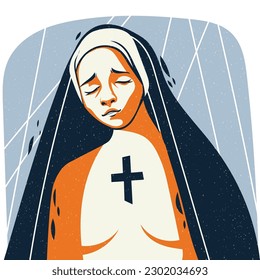 Stylized portrait of a nun. The concept of faith, compassion, sorrow. Vector illustration in flat style with grainy texture. Poster, avatar, logo, print for clothes