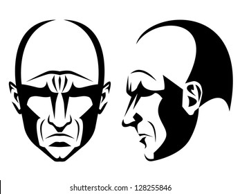 Stylized Portrait And Profile Of A Grim Bald Man