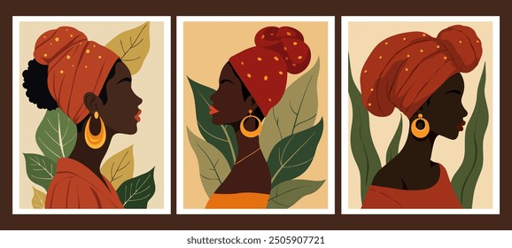 Stylized portrait series showcasing diverse women in profile, adorned with vibrant headwraps and bold earrings. Each illustration emphasizes beauty, culture, and elegance with a natural backdrop.