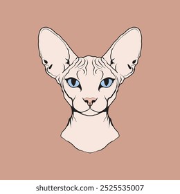 Un retrato estilizado de un gato Sphynx con orejas Grandes, ojos azules penetrantes y una cabeza calva, sobre un cálido fondo beige