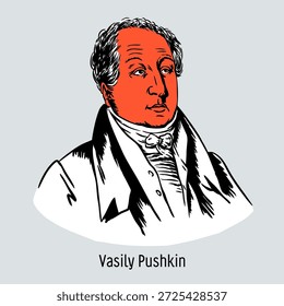 Stilisiertes Porträt von Wassili Puschkin, russischer Dichter und Onkel von Alexander Puschkin, in historischer Kleidung. Handgezeichnete Vektorgrafik