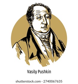 Stylized portrait of Vasily Pushkin, Russian poet and uncle of Alexander Pushkin, in historical attire. Hand-drawn vector illustration