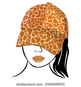 Stylized portrait of a woman in a cap with a giraffe print and an animal print on her lips vector illustration