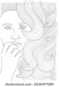 Stylized Portrait of a Woman with Flowing Hair - Line Art, Black and white line art illustration of a woman's face with abstract, flowing wavy hair. A stylized portrait focusing on beauty, fashion,