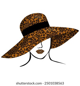 Stylized portrait of a woman in a leopard hat and animal print on her lips vector illustration