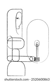 A stylized portrait of a woman made of simple geometric shapes. A woman stands and holds a candle in her hands. Linear illustration on a white background.