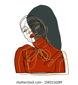 Stylized portrait woman, one line continuous art, abstract modern face, minimal glamour fashion logo. 