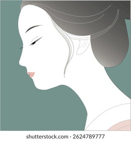 Stylized portrait of a woman in profile with closed eyes and gray hair in a bun design