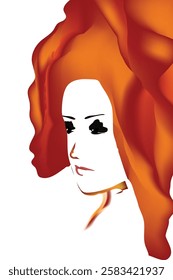 A stylized portrait of a woman with red hair is featured.