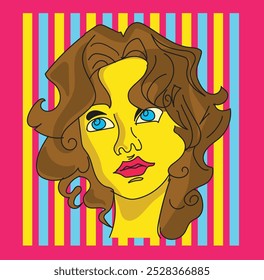 a stylized portrait of a woman rendered in a bold, graphic style reminiscent of pop art on a pink, 
 blue and yellow background