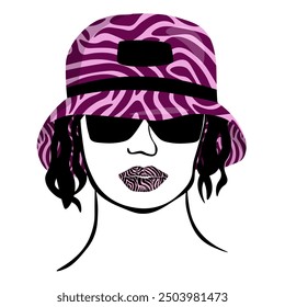 Stylized portrait of a woman in a zebra panama hat and with an animal print on her lips vector illustration