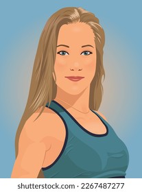 A stylized portrait of a young beautiful blonde girl in a blue tank top. Vector illustration, eps 10.