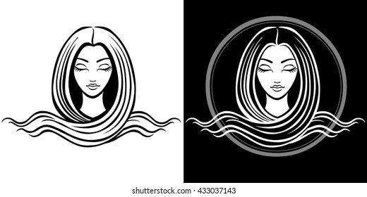 The stylized portrait of the young beautiful girl with long hair. The linear isolated drawing. Black and white options. Vector illustration.