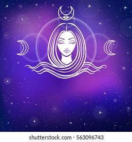 Stylized portrait of the young beautiful girl with long hair. Esoteric symbol of a feminine, goddess, mermaid. Background - the night star sky. Vector illustration. Place for the text.