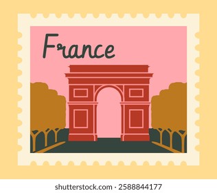 A stylized postage stamp featuring the Arc de Triomphe with trees on both sides. The design has a warm color palette with a pink background. Travel and tourism concept. Vector illustration