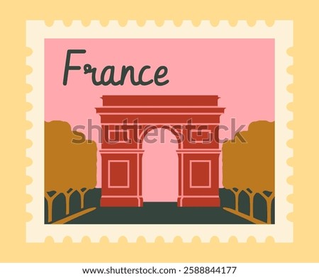 A stylized postage stamp featuring the Arc de Triomphe with trees on both sides. The design has a warm color palette with a pink background. Travel and tourism concept. Vector illustration