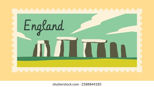 A stylized postage stamp featuring an illustration of Stonehenge with England written in cursive. The background includes a sky with clouds. Concept of travel and heritage. Vector illustration