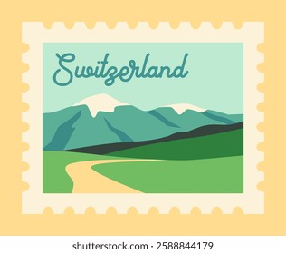 A stylized postage stamp featuring a scenic view of Switzerland with mountains, green fields, and a winding path. The design is minimalistic with a vintage feel. Vector illustration