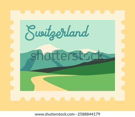 A stylized postage stamp featuring a scenic view of Switzerland with mountains, green fields, and a winding path. The design is minimalistic with a vintage feel. Vector illustration