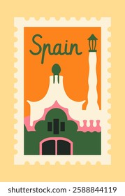 Stylized postage stamp featuring Spanish architecture in warm colors. The design includes iconic Gaudi-inspired elements, set against orange and yellow background. Travel concept. Vector illustration