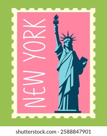 A stylized postage stamp featuring the Statue of Liberty with bold colors and a vintage-inspired graphic style. The background is pink with a green border. Concept of travel. Vector illustration