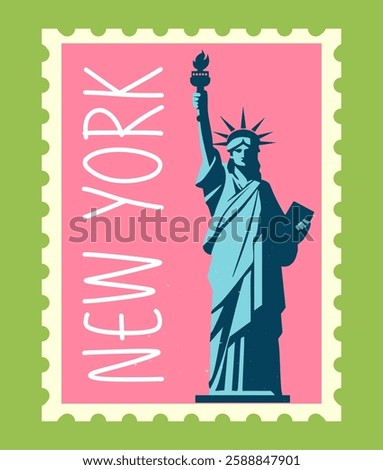 A stylized postage stamp featuring the Statue of Liberty with bold colors and a vintage-inspired graphic style. The background is pink with a green border. Concept of travel. Vector illustration