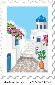 Stylized postage stamp illustrates a cobblestone path through white Mediterranean buildings under blue skies.