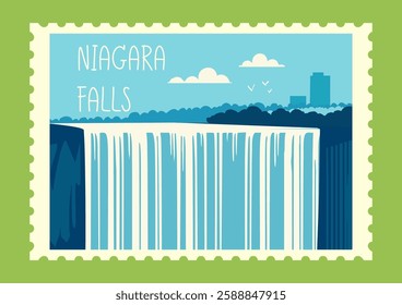 Stylized postage stamp illustration featuring Niagara Falls with cascading water, city skyline, and birds in the sky on a blue background. Travel and tourism concept. Vector illustration