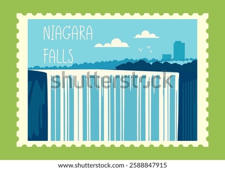 Stylized postage stamp illustration featuring Niagara Falls with cascading water, city skyline, and birds in the sky on a blue background. Travel and tourism concept. Vector illustration