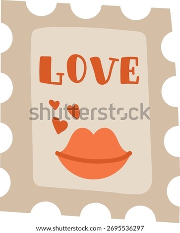 A stylized postage stamp with lips and hearts in a playful layout. The word 'LOVE' is prominently displayed above the lips and hearts. Cartoon vector illustration.