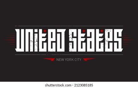 Stylized poster, banner, flyer or postcard with inscription, stars and lightnings. United States - Vector t-shirt graphics on the theme of USA.