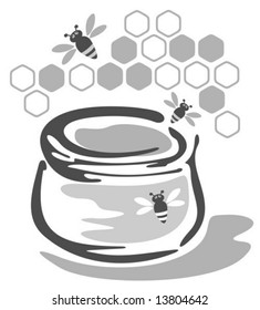 Stylized pot with honey and bees isolated on a white background.