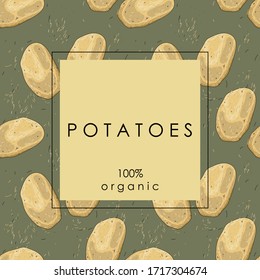 Patatas estilizadas sobre un fondo verde y con el texto "patatas 100% orgánicas". Cartel, afiche, papel de envoltura, pegatina, impresión, diseño textil moderno. Ilustración vectorial. 