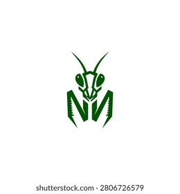 Stylized praying mantis logo in green geometric vector design, symmetrical insect emblem isolated on white background