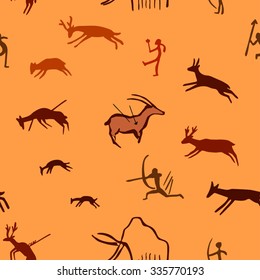 stylized prehistoric seamless pattern depicting ancient hunt