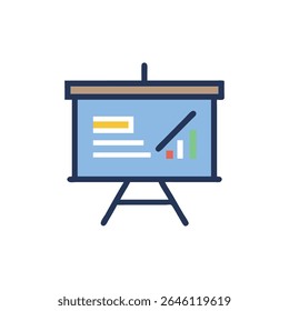 Eine stilisierte Präsentationstafel mit Datendiagrammen; flaches Design mit sauberen Linien und hellblauem Hintergrund.