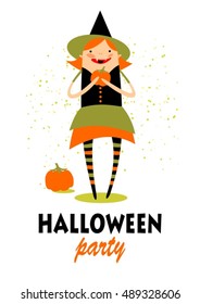 Stylized pretty witch with pumpkin. Halloween greeting card, poster, flyer, banner, invitation.