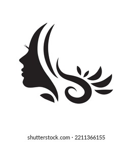 Stylized pretty woman face with long hair silhouette. Hair beauty salon logo or symbol.